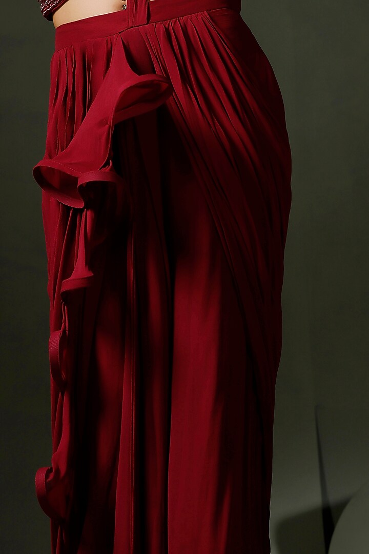 Wine Georgette Pre-Draped Ruffled Wedding Saree Set by Two Sisters By Gyans at Pernia's Pop Up Shop