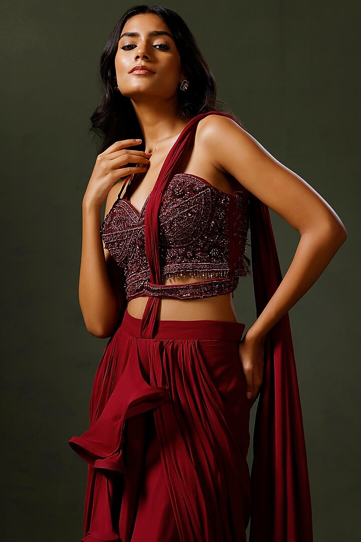 Wine Georgette Pre-Draped Ruffled Wedding Saree Set by Two Sisters By Gyans at Pernia's Pop Up Shop
