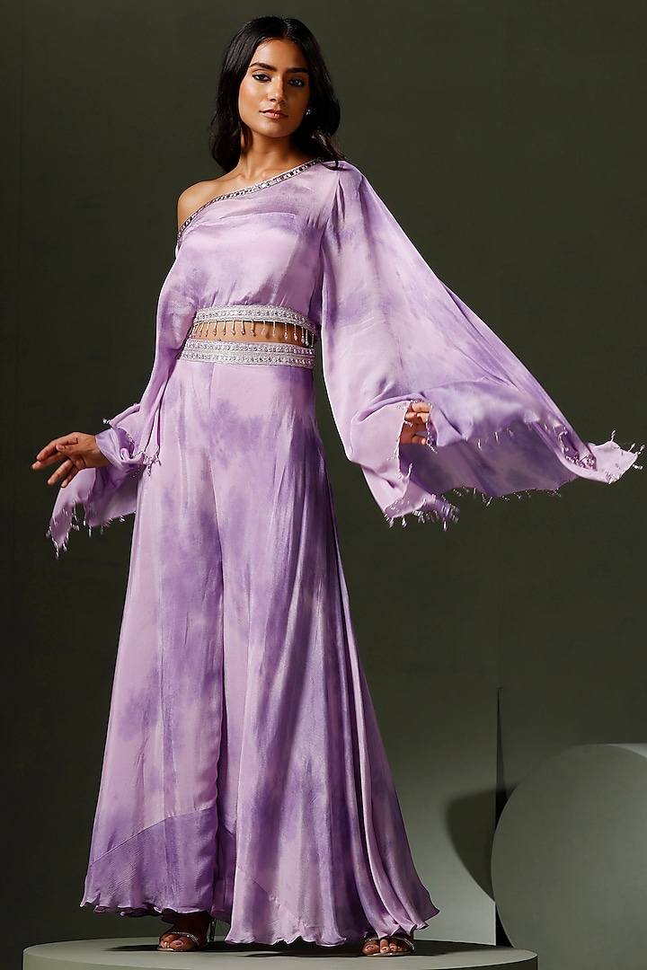 Purple Chinon Tie-Dyed & Embellished Sharara Set by Two Sisters By Gyans at Pernia's Pop Up Shop