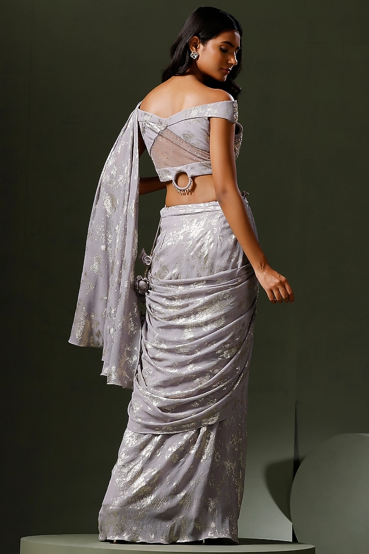 Grey Crinkle Chiffon Hand Embroidered & Printed Draped Wedding Saree Set by Two Sisters By Gyans at Pernia's Pop Up Shop