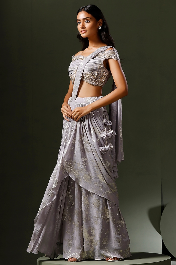 Grey Crinkle Chiffon Hand Embroidered & Printed Draped Wedding Saree Set by Two Sisters By Gyans at Pernia's Pop Up Shop