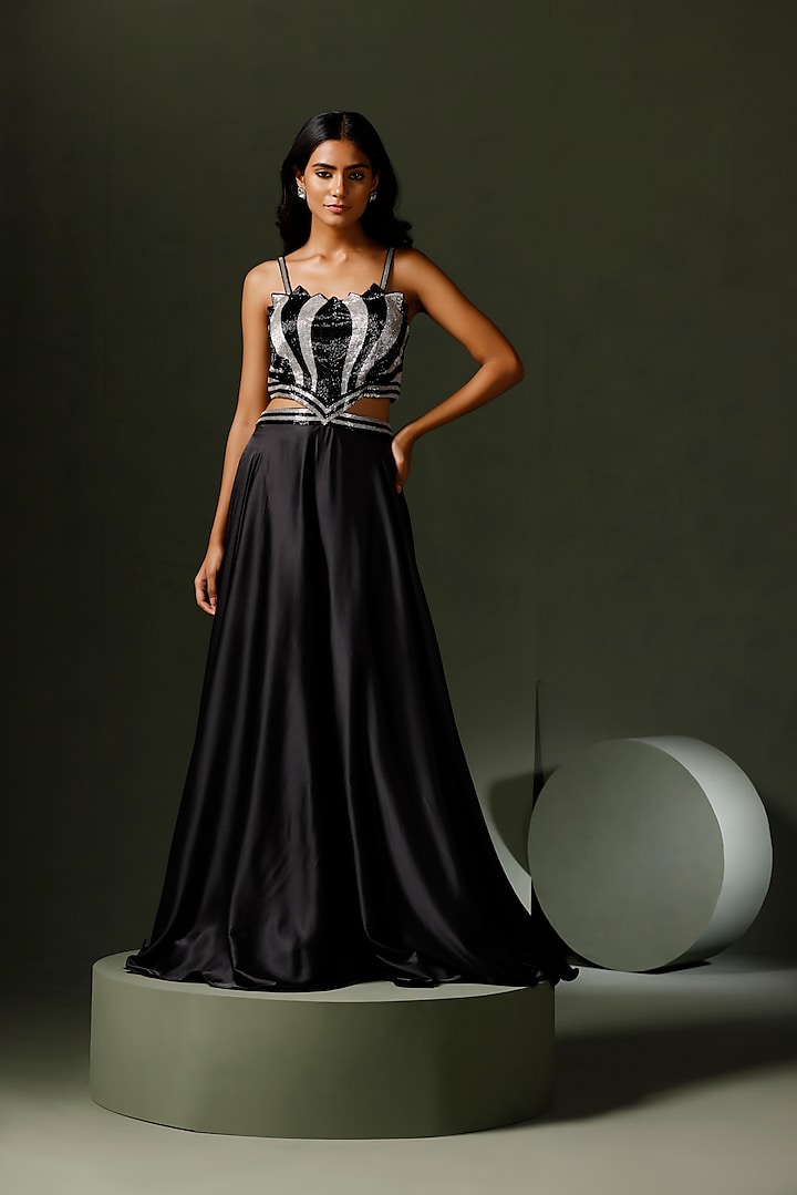 Black & Silver Satin Silk Hand Embroidered Gown by Two Sisters By Gyans at Pernia's Pop Up Shop