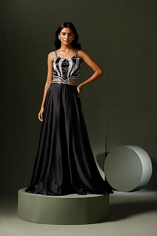 Black & Silver Satin Silk Hand Embroidered Gown by Two Sisters By Gyans