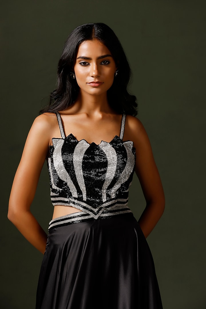 Black & Silver Satin Silk Hand Embroidered Engagement Gown by Two Sisters By Gyans at Pernia's Pop Up Shop