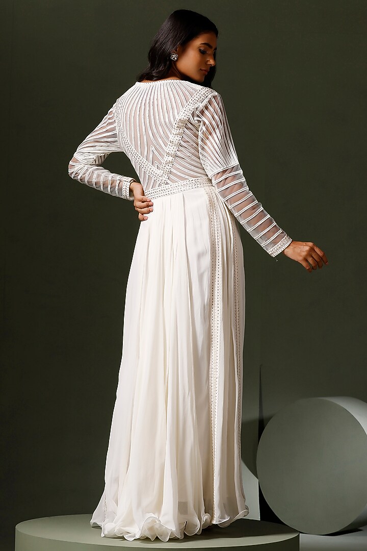 White Georgette & Net Hand Embellished Wedding Anarkali Set by Two Sisters By Gyans at Pernia's Pop Up Shop