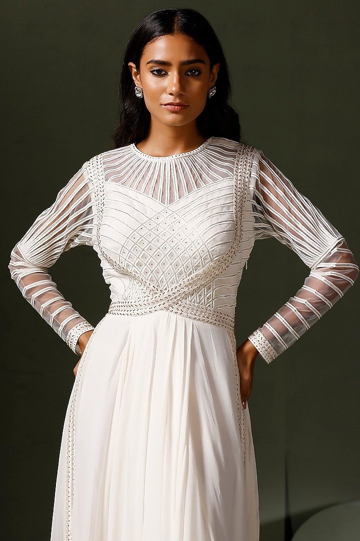 White Georgette & Net Hand Embellished Wedding Anarkali Set by Two Sisters By Gyans at Pernia's Pop Up Shop