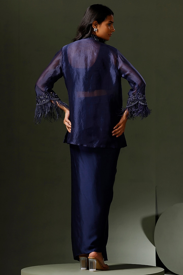 Navy Blue Organza Hand Embroidered Jacket Set by Two Sisters By Gyans at Pernia's Pop Up Shop