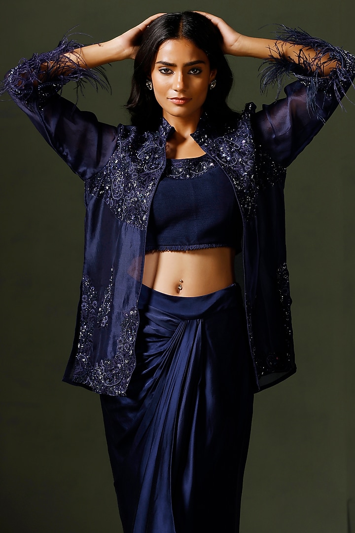 Navy Blue Organza Hand Embroidered Jacket Set by Two Sisters By Gyans at Pernia's Pop Up Shop