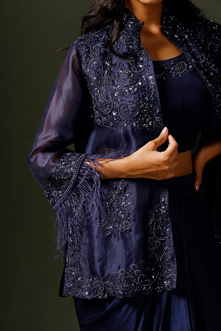 Navy Blue Organza Hand Embroidered Jacket Set by Two Sisters By Gyans at Pernia's Pop Up Shop