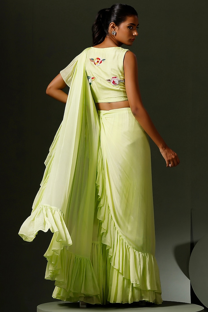 Mint Green Chinon Ruffled Gharara Wedding Saree Set by Two Sisters By Gyans at Pernia's Pop Up Shop