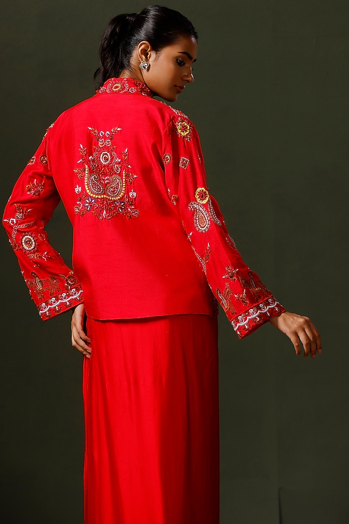 Red Raw Silk Jacket Set by Two Sisters By Gyans at Pernia's Pop Up Shop