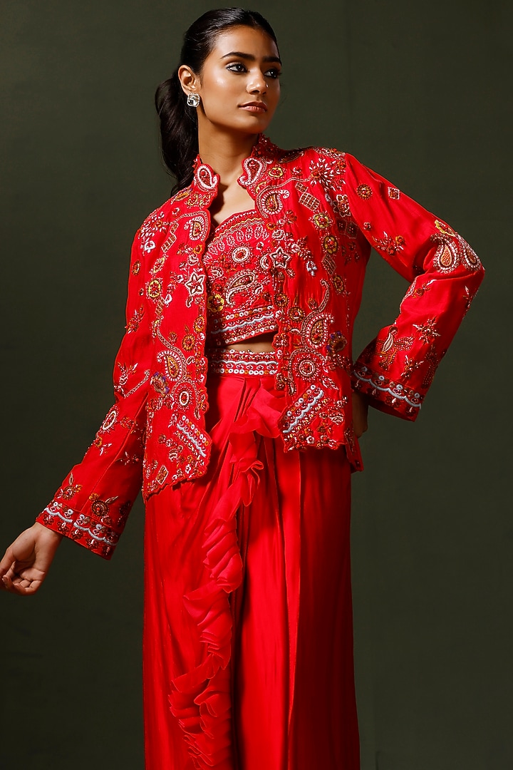 Red Raw Silk Jacket Set by Two Sisters By Gyans at Pernia's Pop Up Shop