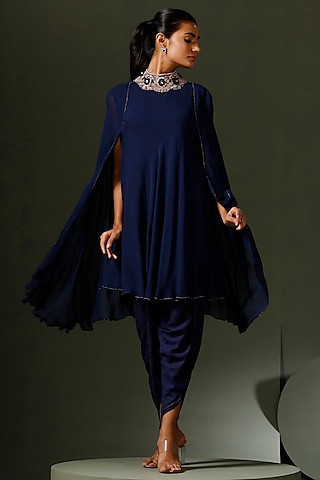 Navy Blue Georgette Hand Embellished Cape Set by Two Sisters By Gyans