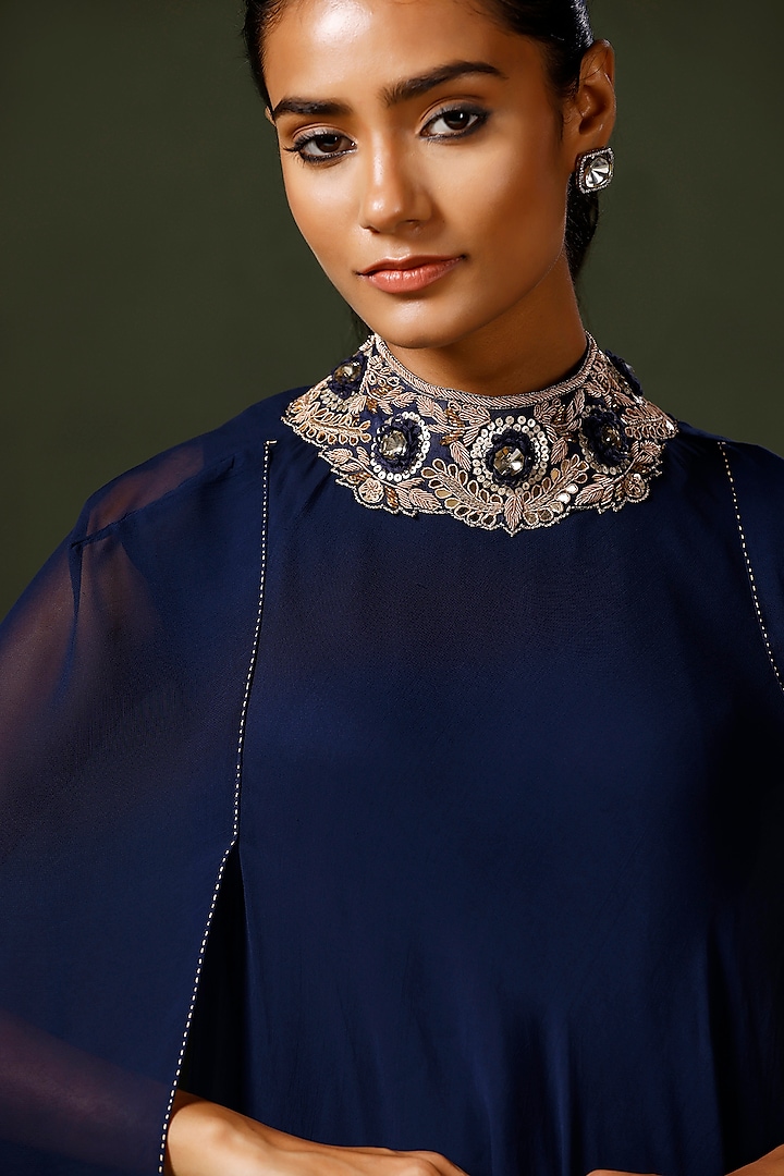 Navy Blue Georgette Hand Embellished Cape Set by Two Sisters By Gyans at Pernia's Pop Up Shop