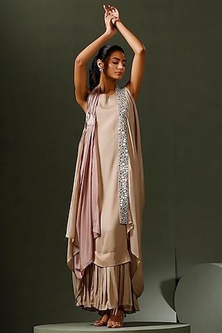 Gold Chinon Gown With Cape by Two Sisters By Gyans