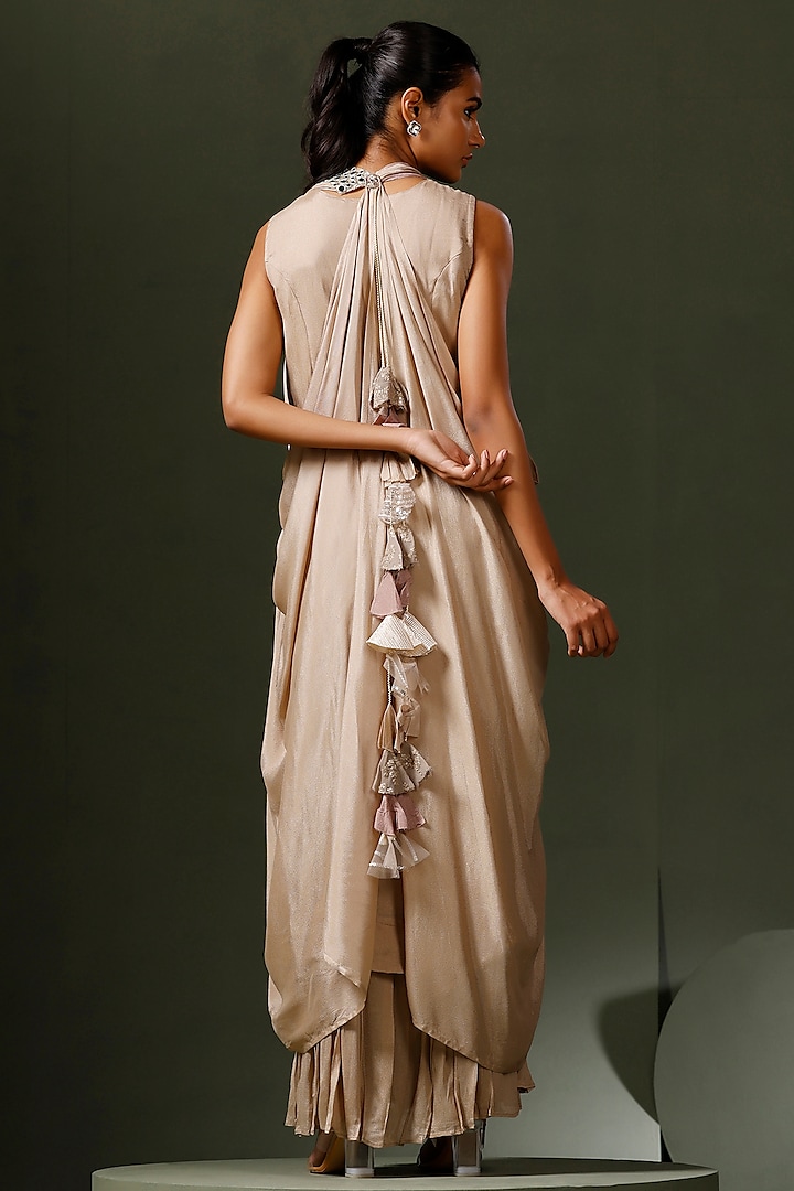 Gold Chinon Party Wear Gown With Cape by Two Sisters By Gyans at Pernia's Pop Up Shop