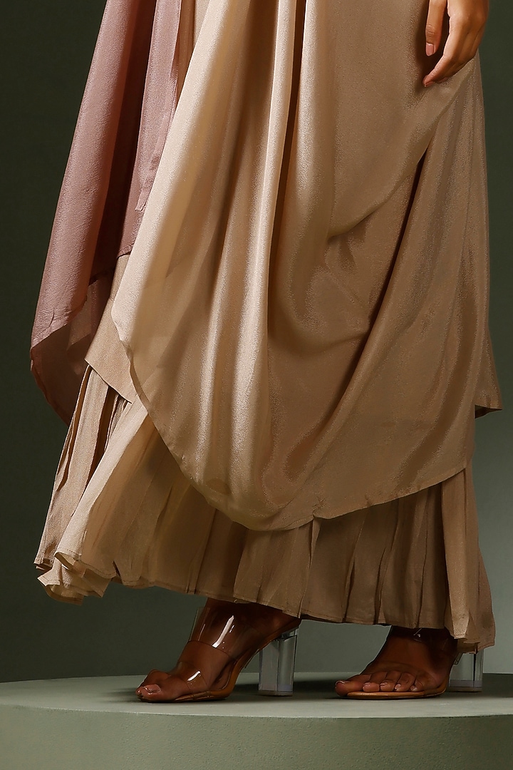 Gold Chinon Party Wear Gown With Cape by Two Sisters By Gyans at Pernia's Pop Up Shop