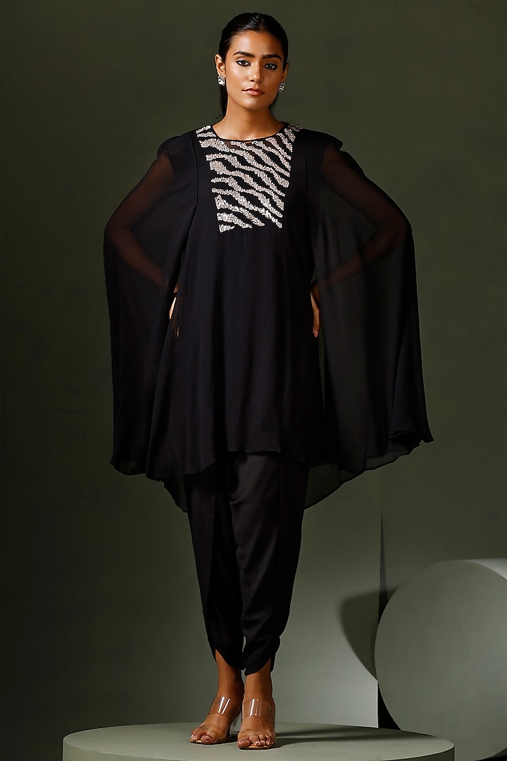 Black Georgette Hand Embellished Cape Set Design by Two Sisters By ...