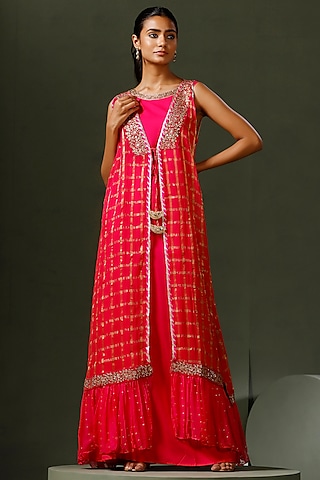 Hot Pink Terry Crepe Gown With Cape by Two Sisters By Gyans