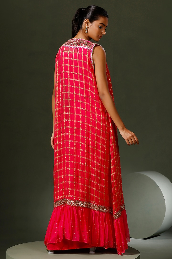Hot Pink Terry Crepe Party Wear Gown With Cape by Two Sisters By Gyans at Pernia's Pop Up Shop