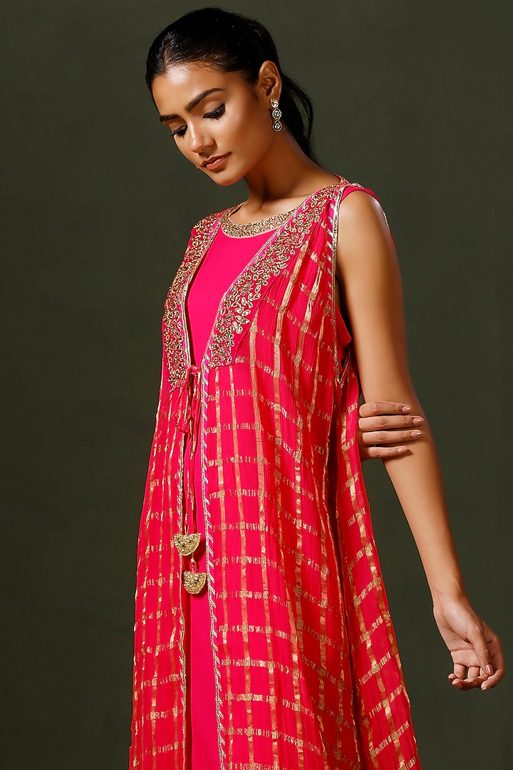 Hot Pink Terry Crepe Party Wear Gown With Cape by Two Sisters By Gyans at Pernia's Pop Up Shop