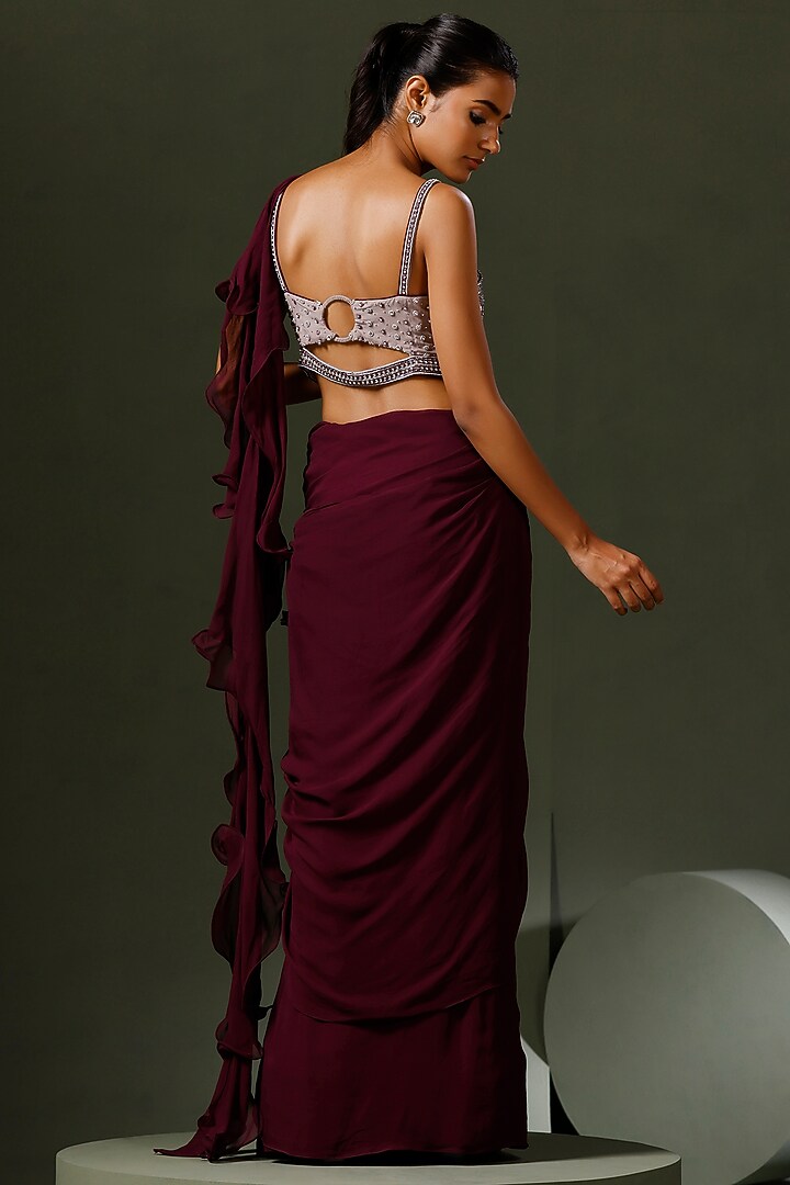 Purple Georgette Draped Wedding Saree Set by Two Sisters By Gyans at Pernia's Pop Up Shop