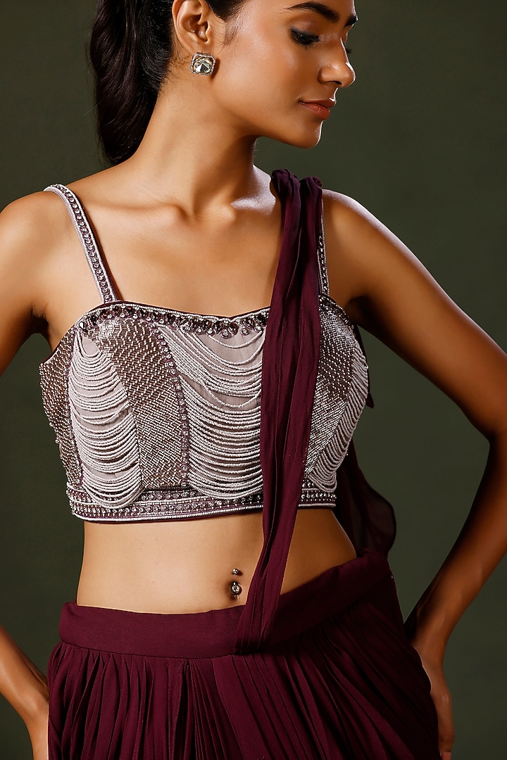 Purple Georgette Draped Wedding Saree Set by Two Sisters By Gyans at Pernia's Pop Up Shop