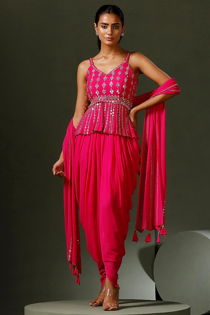 Hot Pink Georgette Dhoti Set by Two Sisters By Gyans at Pernia's Pop Up Shop