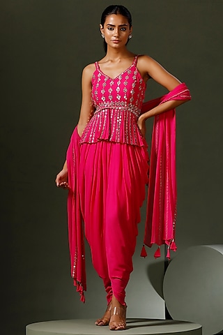 Hot Pink Georgette Dhoti Set by Two Sisters By Gyans