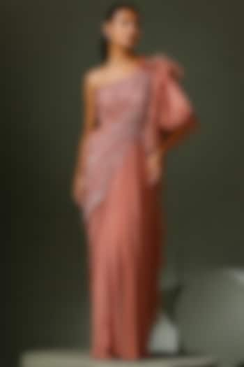 Dusky Pink Crepe & Net Embroidered Gown Saree by Two Sisters By Gyans at Pernia's Pop Up Shop