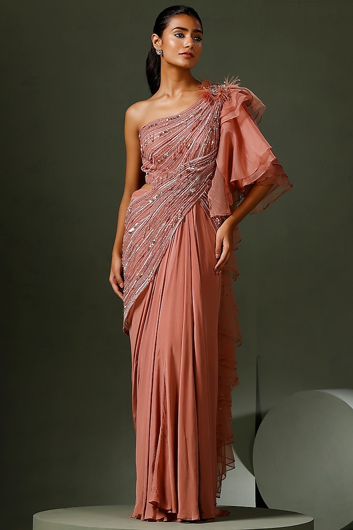 Dusky Pink Crepe & Net Embroidered Gown Saree by Two Sisters By Gyans at Pernia's Pop Up Shop