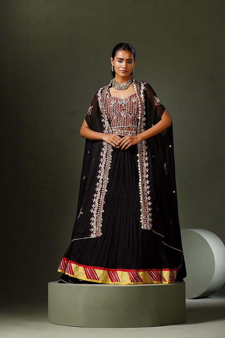 Black Georgette Mirror Embroidered Jacket Wedding Lehenga Set by Two Sisters By Gyans at Pernia's Pop Up Shop