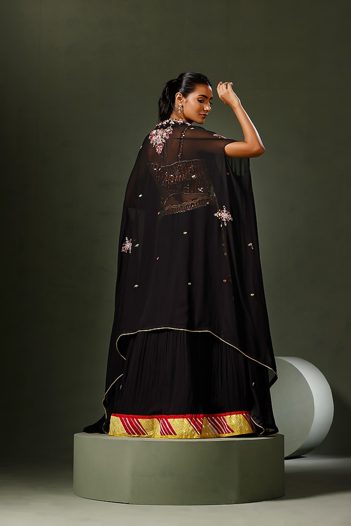 Black Georgette Mirror Embroidered Jacket Wedding Lehenga Set by Two Sisters By Gyans at Pernia's Pop Up Shop