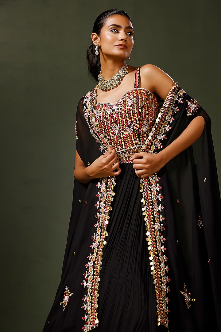 Black Georgette Mirror Embroidered Jacket Wedding Lehenga Set by Two Sisters By Gyans at Pernia's Pop Up Shop