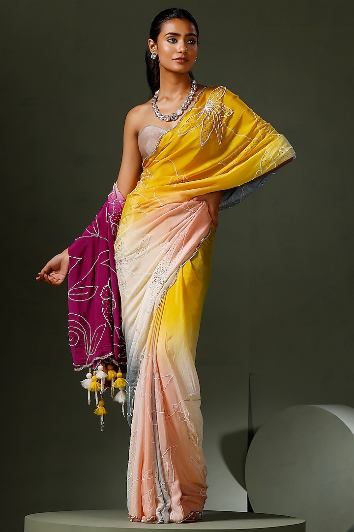 Multi-Colored Chinon Tie-Dyed & Embroidered Saree Set by Two Sisters By Gyans