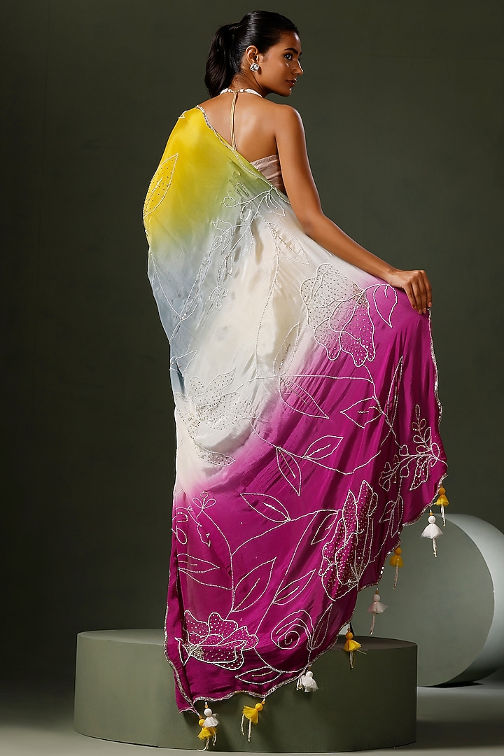 Multi-Colored Chinon Tie-Dyed & Embroidered Wedding Saree Set by Two Sisters By Gyans at Pernia's Pop Up Shop