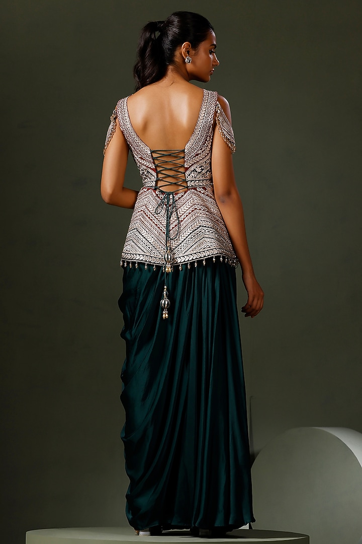 Emerald Green Satin Draped Skirt Set by Two Sisters By Gyans at Pernia's Pop Up Shop