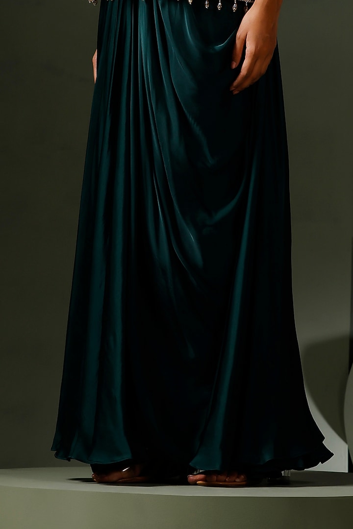 Emerald Green Satin Draped Skirt Set by Two Sisters By Gyans at Pernia's Pop Up Shop
