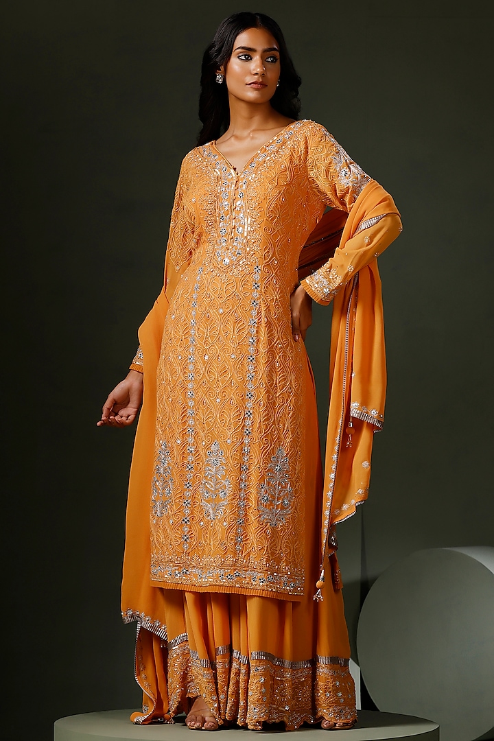 Burnt Orange Georgette Embroidered Sharara Set by Two Sisters By Gyans