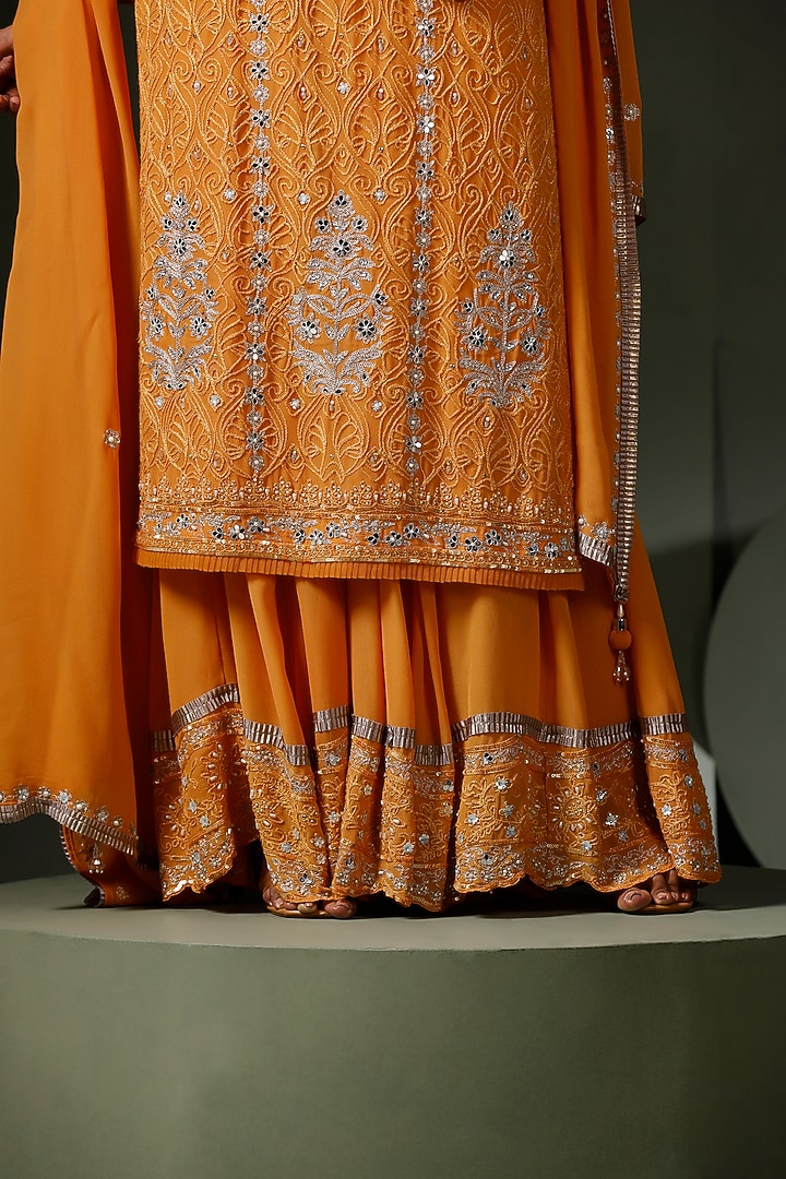 Burnt Orange Georgette Embroidered Wedding Sharara Set by Two Sisters By Gyans at Pernia's Pop Up Shop