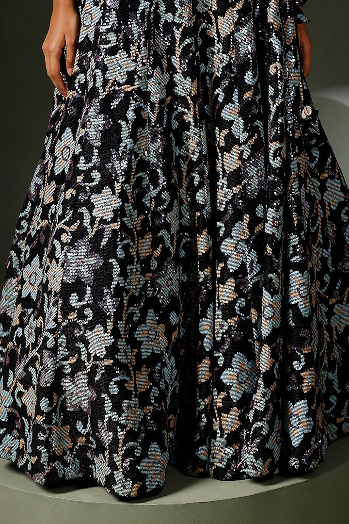 Black Georgette Machine Embroidered Jacket Wedding Lehenga Set by Two Sisters By Gyans at Pernia's Pop Up Shop