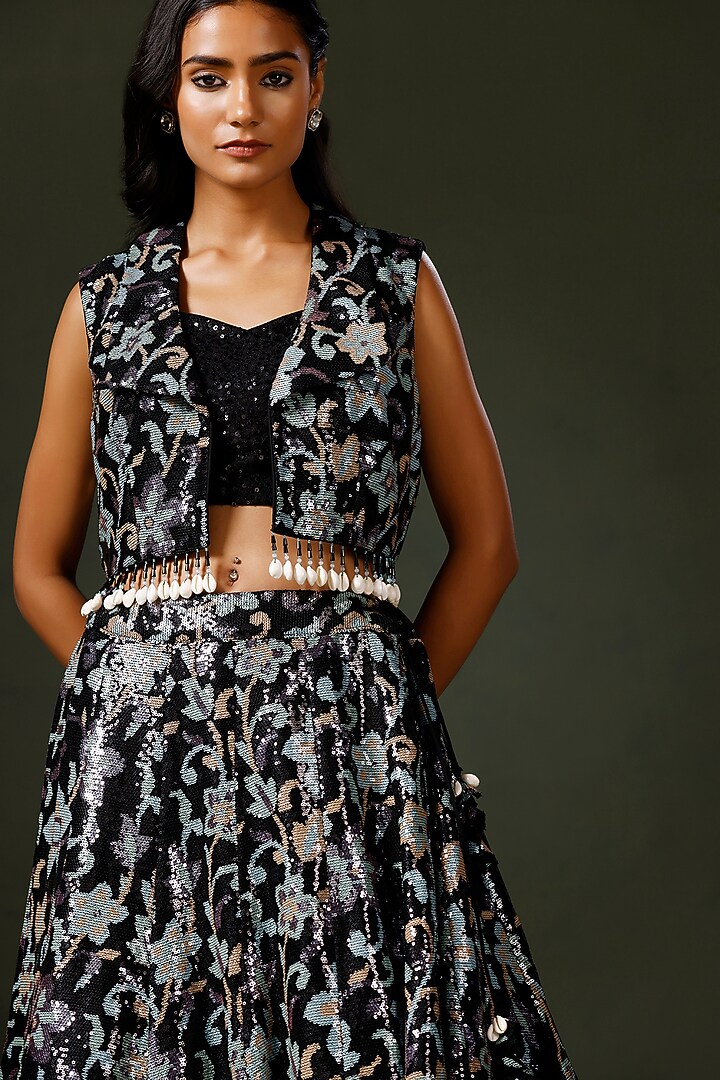 Black Georgette Machine Embroidered Jacket Wedding Lehenga Set by Two Sisters By Gyans at Pernia's Pop Up Shop