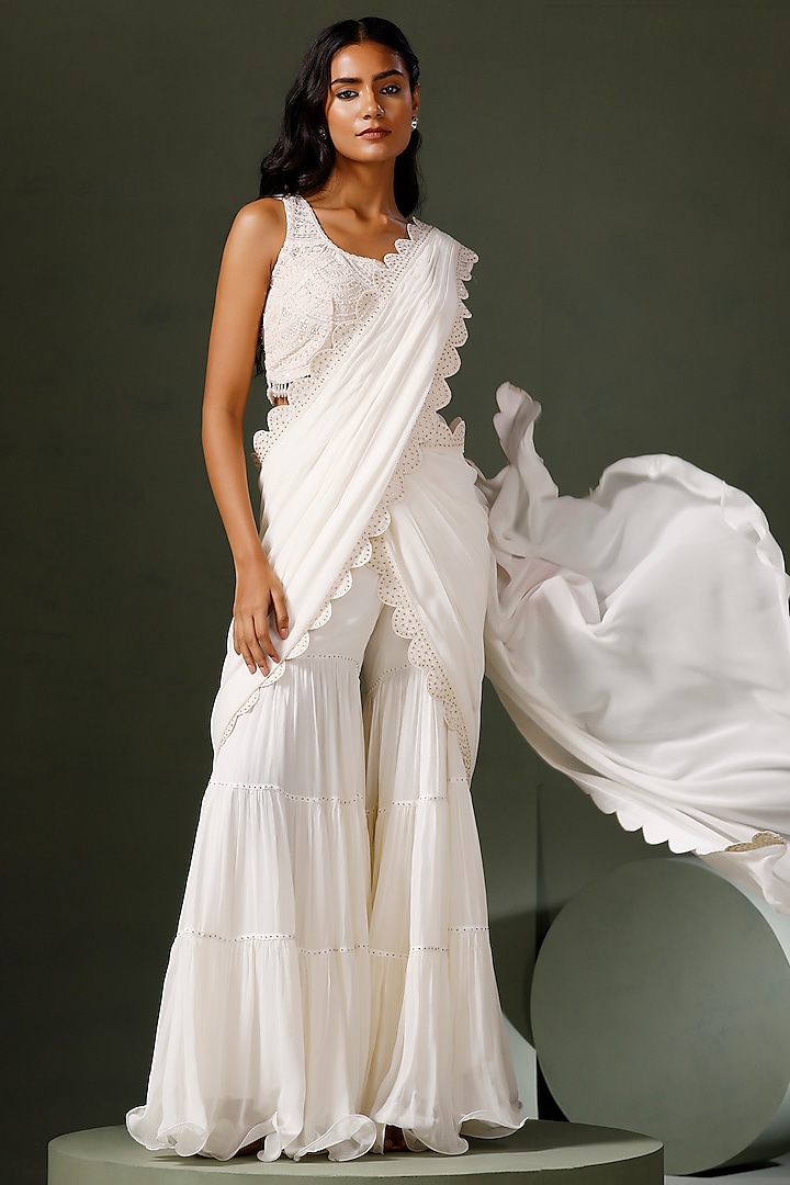 White Georgette Embroidered Gharara Saree Set by Two Sisters By Gyans at Pernia's Pop Up Shop