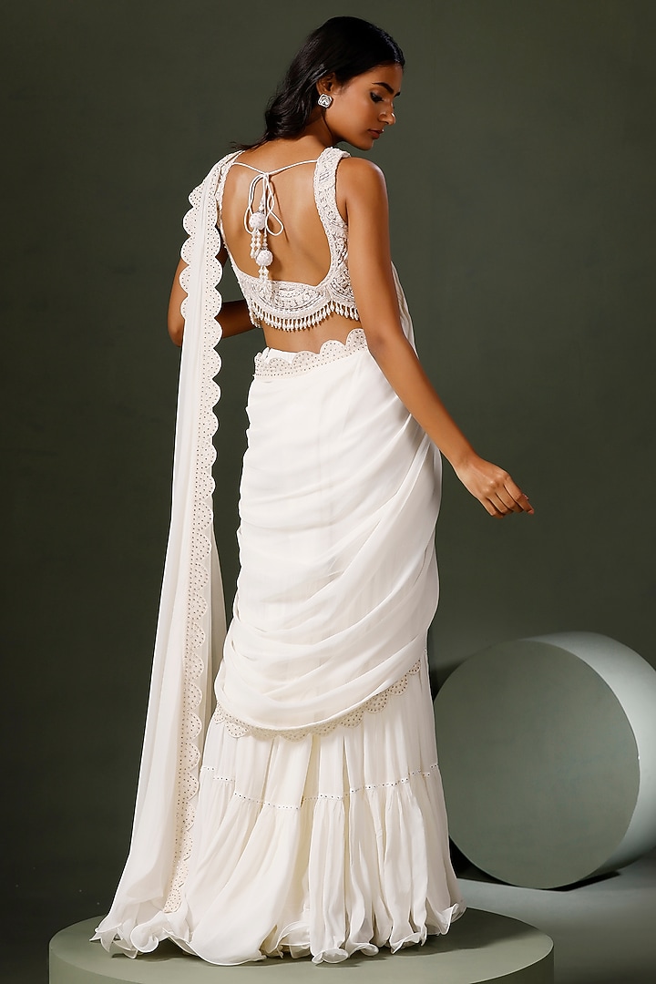 White Georgette Embroidered Gharara Wedding Saree Set by Two Sisters By Gyans at Pernia's Pop Up Shop