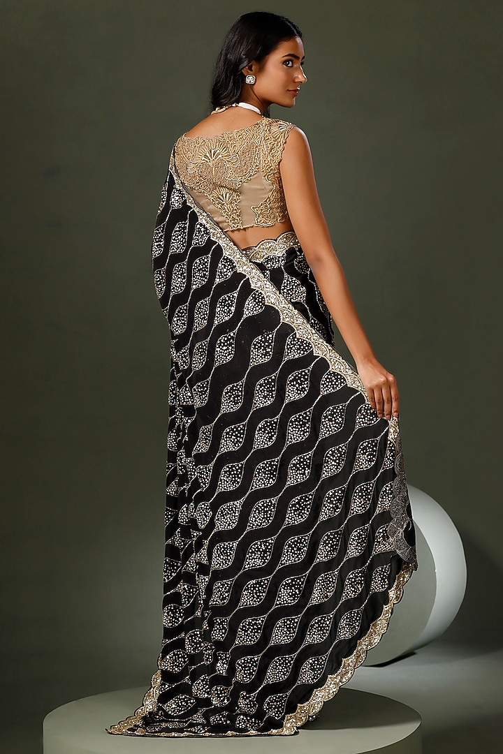 Black Chiffon Hand Embroidered Reception Saree Set by Two Sisters By Gyans at Pernia's Pop Up Shop