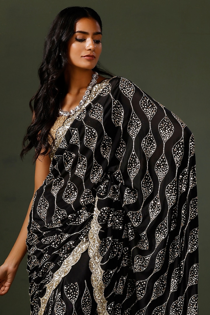 Black Chiffon Hand Embroidered Reception Saree Set by Two Sisters By Gyans at Pernia's Pop Up Shop