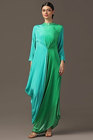 Turquoise Green Satin Draped Dress by Two Sisters By Gyans