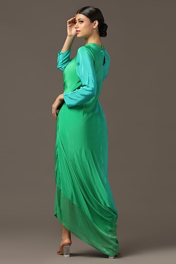 Turquoise Green Satin Draped Vacation Dress by Two Sisters By Gyans at Pernia's Pop Up Shop