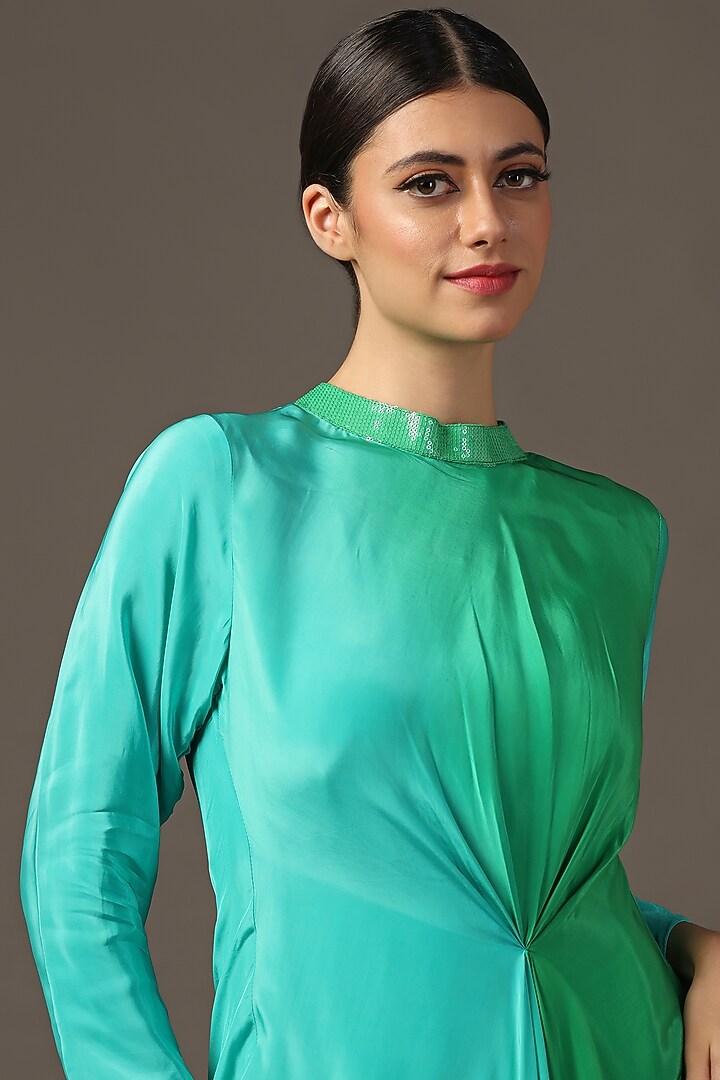 Turquoise Green Satin Draped Vacation Dress by Two Sisters By Gyans at Pernia's Pop Up Shop