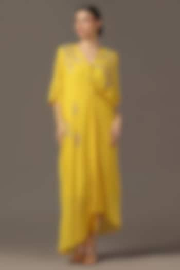 Yellow Silk Sequins Embroidered Draped Dress by Two Sisters By Gyans at Pernia's Pop Up Shop